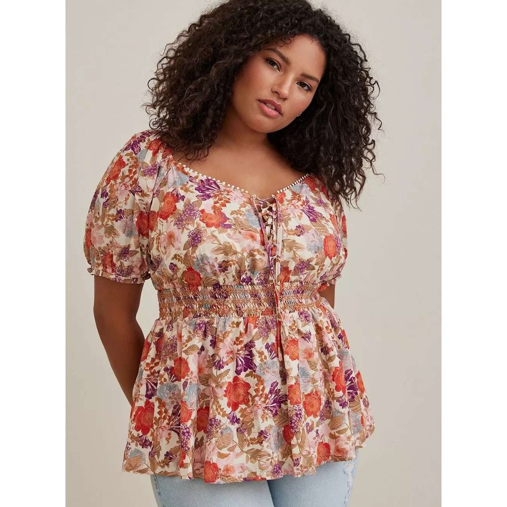 Torrid Floral Smocked Babydoll Top Plus Size 2 2X Orange Purple Puff Sleeve NWT